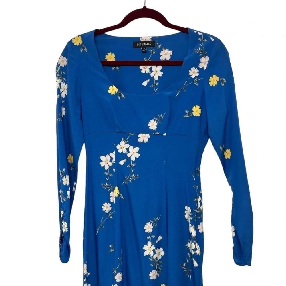 Intermix Mariabella Blue Silk Floral Long Sleeve Scoop Neck Dress Women’s 0 - Picture 6 of 12